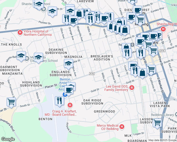 map of restaurants, bars, coffee shops, grocery stores, and more near in Redding