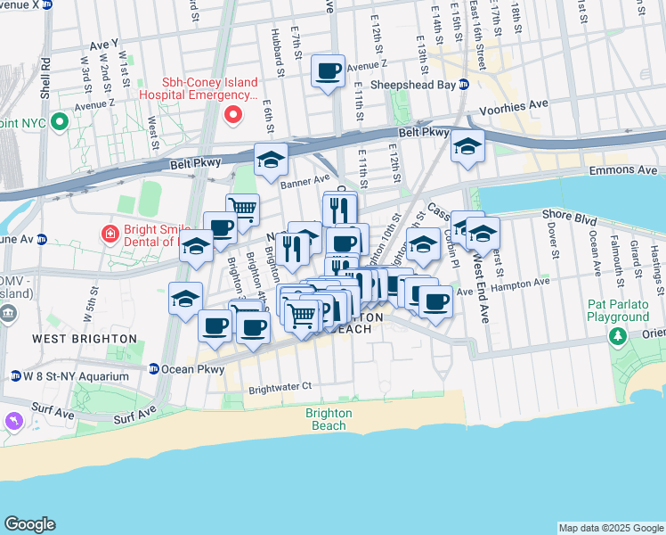map of restaurants, bars, coffee shops, grocery stores, and more near 3017 Brighton 8th Street in Brooklyn