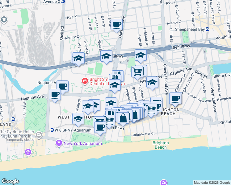 map of restaurants, bars, coffee shops, grocery stores, and more near 2942 Brighton 1st Street in Brooklyn