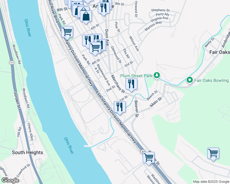 map of restaurants, bars, coffee shops, grocery stores, and more near 118 Maplewood Avenue in Ambridge