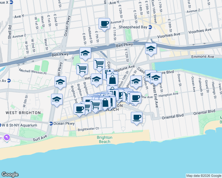 map of restaurants, bars, coffee shops, grocery stores, and more near Coney Island Avenue & Ocean View Avenue in Brooklyn