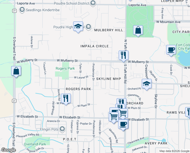 map of restaurants, bars, coffee shops, grocery stores, and more near 700 Ponderosa Drive in Fort Collins
