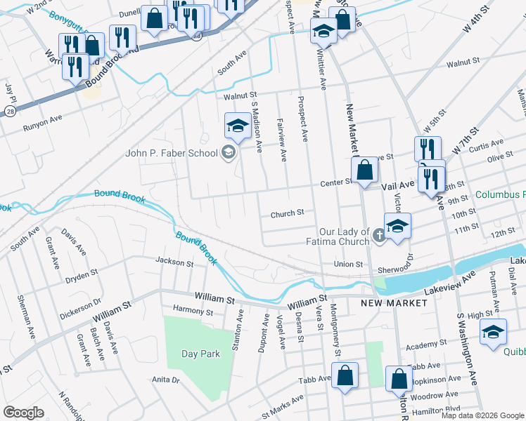 map of restaurants, bars, coffee shops, grocery stores, and more near 455 Longfellow Avenue in Piscataway