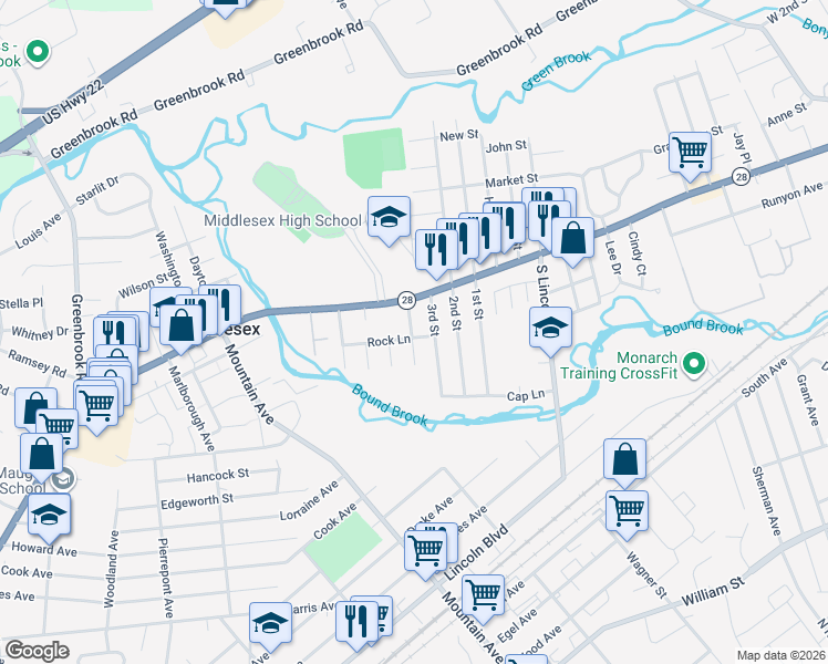 map of restaurants, bars, coffee shops, grocery stores, and more near 122 Rock Lane in Middlesex