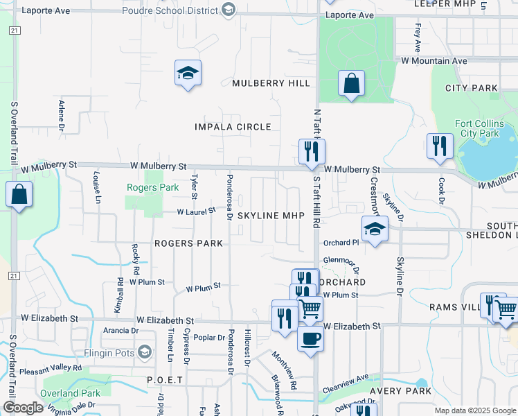 map of restaurants, bars, coffee shops, grocery stores, and more near 730k Ponderosa Drive in Fort Collins