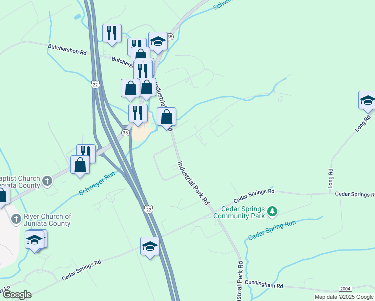 map of restaurants, bars, coffee shops, grocery stores, and more near 51 East Industrial Drive in Mifflintown