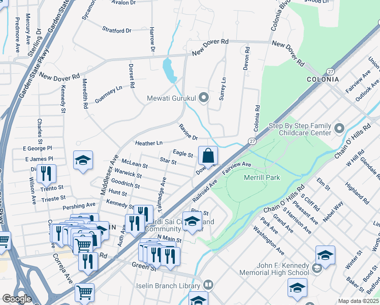 map of restaurants, bars, coffee shops, grocery stores, and more near 18 Eagle Street in Woodbridge Township