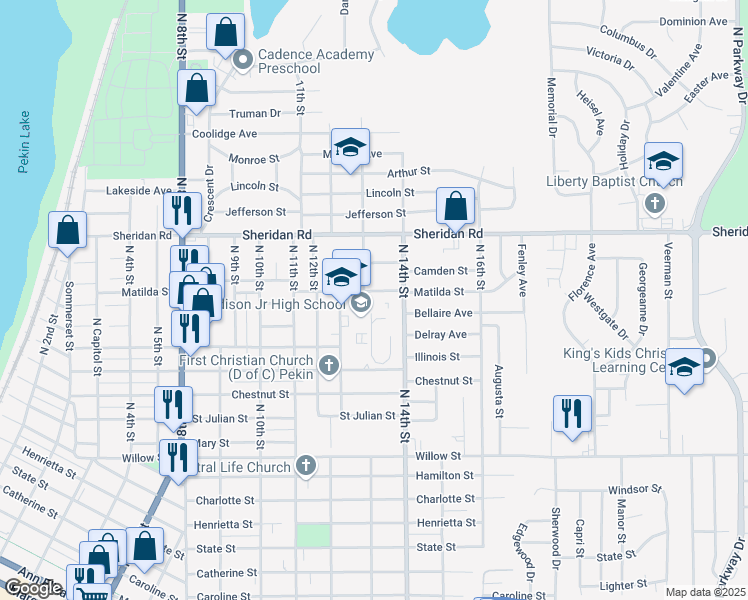 map of restaurants, bars, coffee shops, grocery stores, and more near 1314 Matilda Street in Pekin