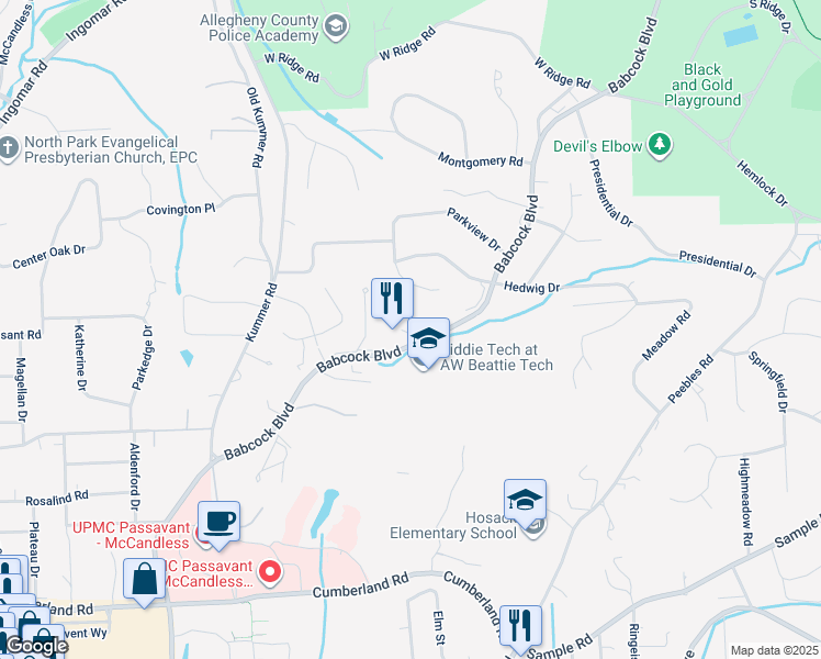 map of restaurants, bars, coffee shops, grocery stores, and more near 9565 Babcock Boulevard in McCandless