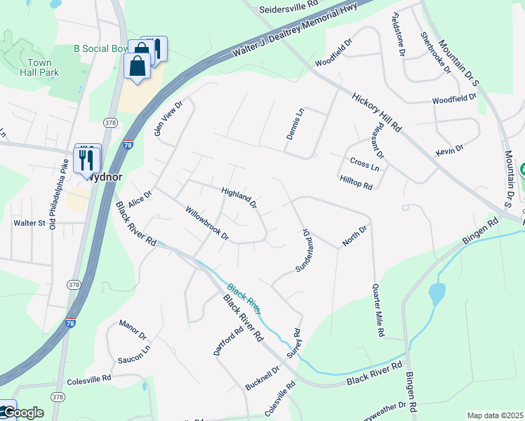 map of restaurants, bars, coffee shops, grocery stores, and more near 1533 Highland Drive in Bethlehem