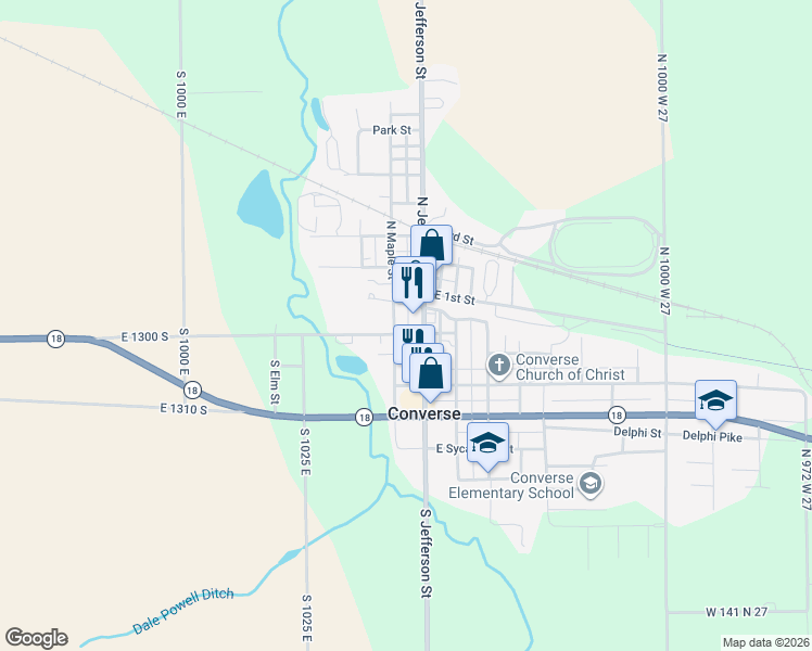 map of restaurants, bars, coffee shops, grocery stores, and more near 222-298 N Jefferson St in Converse