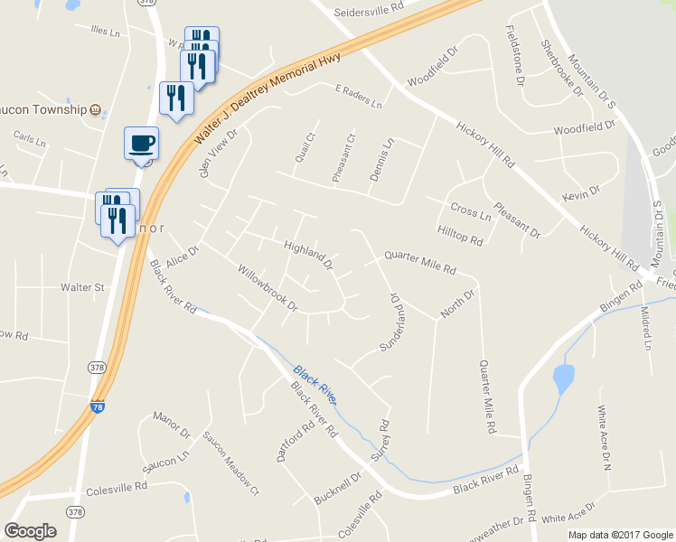 map of restaurants, bars, coffee shops, grocery stores, and more near 1533 Highland Drive in Bethlehem