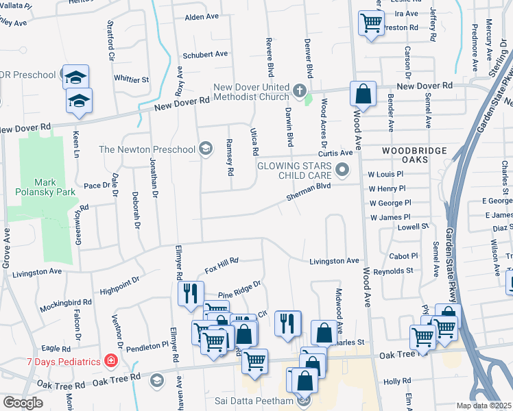 map of restaurants, bars, coffee shops, grocery stores, and more near 85 Sherman Boulevard in Edison