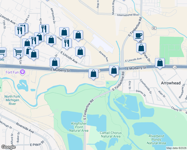map of restaurants, bars, coffee shops, grocery stores, and more near 2121 East Mulberry Street in Fort Collins