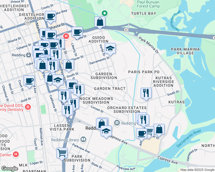 map of restaurants, bars, coffee shops, grocery stores, and more near 875 South Street in Redding