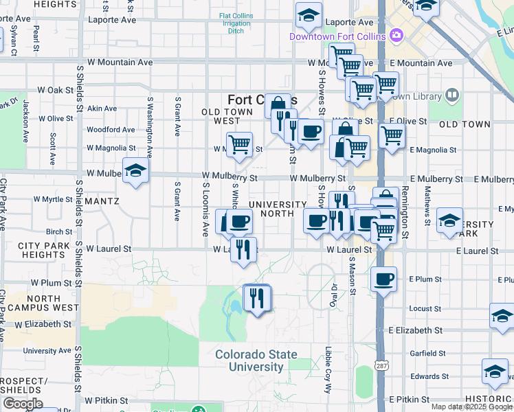map of restaurants, bars, coffee shops, grocery stores, and more near 608 South Whitcomb Street in Fort Collins