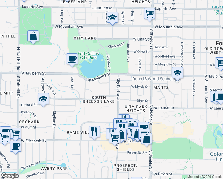 map of restaurants, bars, coffee shops, grocery stores, and more near 611 Sheldon Drive in Fort Collins