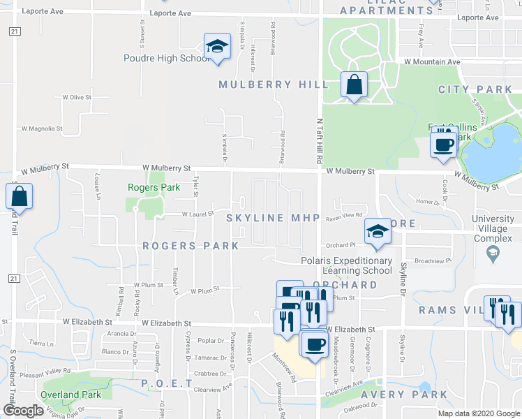 map of restaurants, bars, coffee shops, grocery stores, and more near 730k Ponderosa Drive in Fort Collins