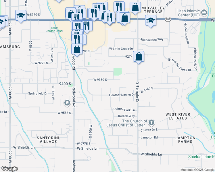 map of restaurants, bars, coffee shops, grocery stores, and more near 9461 Morywood Circle in South Jordan