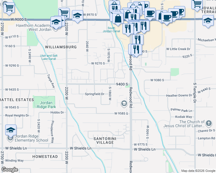 map of restaurants, bars, coffee shops, grocery stores, and more near 1878 Springfield Drive in South Jordan