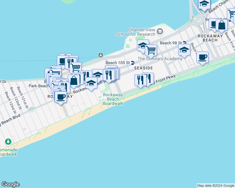 map of restaurants, bars, coffee shops, grocery stores, and more near 10765-10799 Shore Front Parkway in Queens