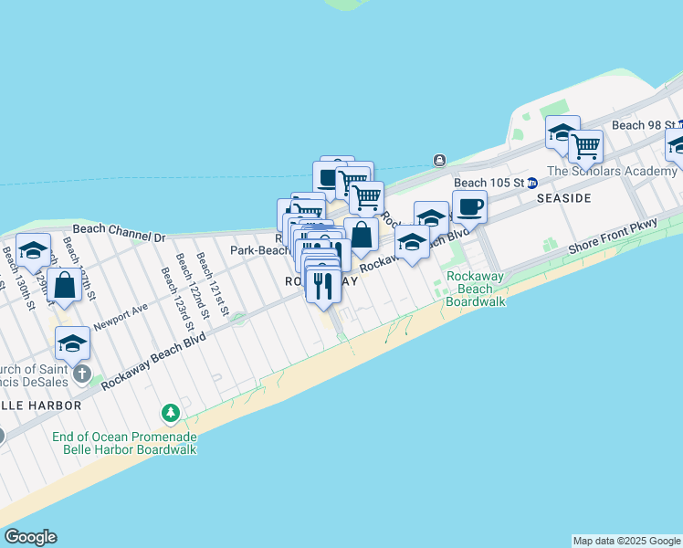 map of restaurants, bars, coffee shops, grocery stores, and more near 179 Beach 115th Street in Queens