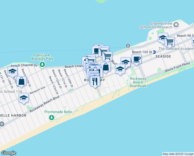 map of restaurants, bars, coffee shops, grocery stores, and more near 179 Beach 115th Street in Queens