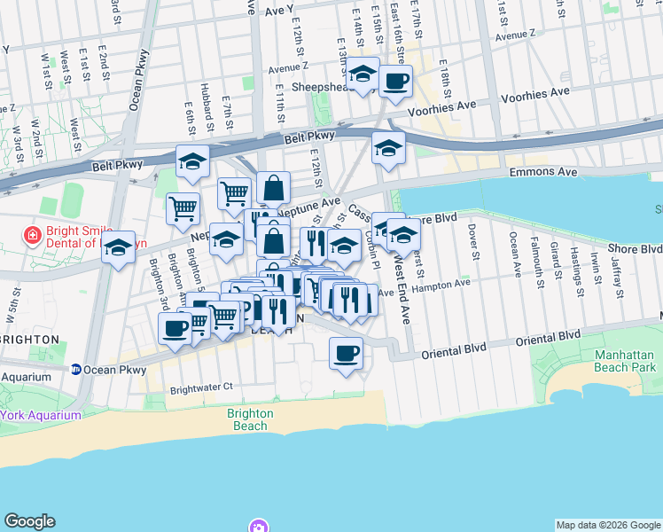 map of restaurants, bars, coffee shops, grocery stores, and more near 3010 Brighton 12th Street in Brooklyn