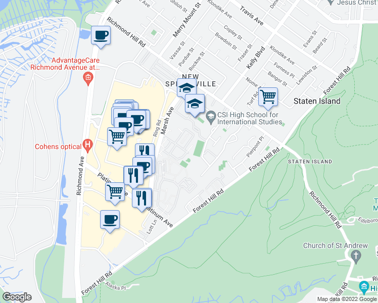 map of restaurants, bars, coffee shops, grocery stores, and more near 194 Essex Drive in Staten Island
