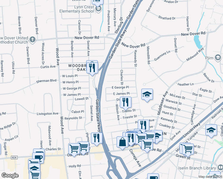 map of restaurants, bars, coffee shops, grocery stores, and more near 182 East James Place in Woodbridge Township