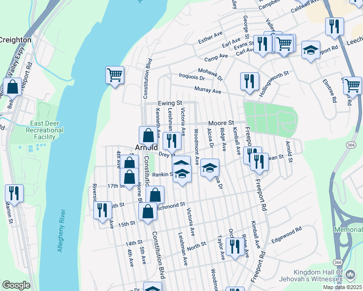 map of restaurants, bars, coffee shops, grocery stores, and more near 1824 Leishman Avenue in New Kensington