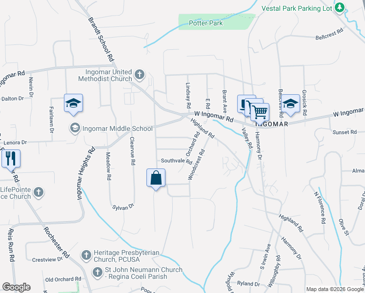 map of restaurants, bars, coffee shops, grocery stores, and more near 9501 Woodcrest Road in Pittsburgh