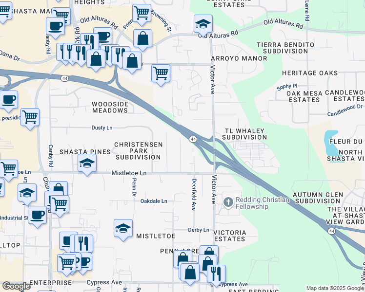 map of restaurants, bars, coffee shops, grocery stores, and more near 1869 Lindeena Lane in Redding
