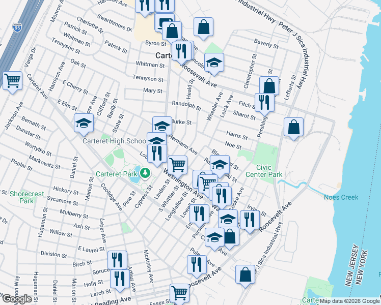 map of restaurants, bars, coffee shops, grocery stores, and more near 7 Hermann Avenue in Carteret