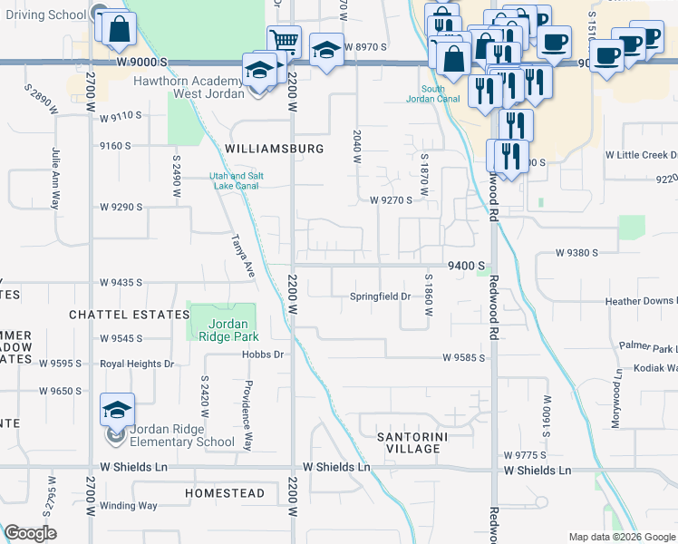 map of restaurants, bars, coffee shops, grocery stores, and more near 9448 South 2100 West in South Jordan