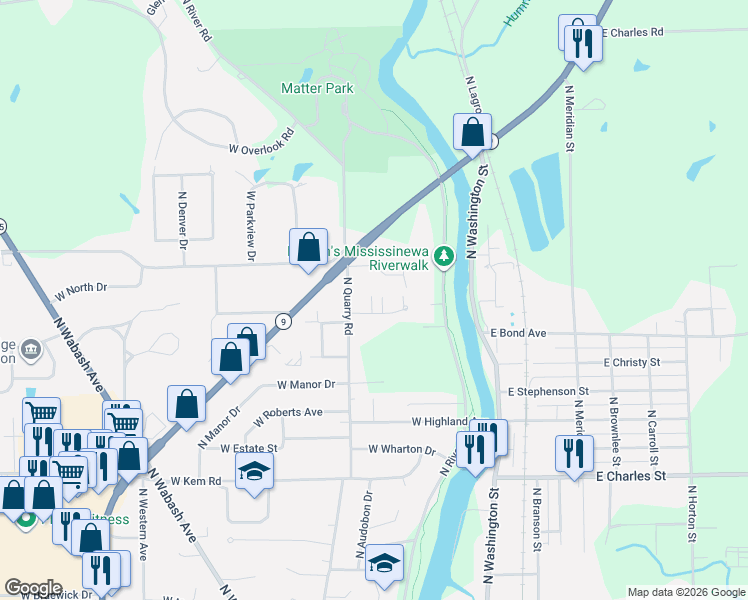 map of restaurants, bars, coffee shops, grocery stores, and more near 1516 North Quarry Road in Marion