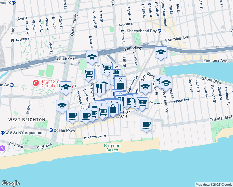 map of restaurants, bars, coffee shops, grocery stores, and more near 3017 Brighton 8th Street in Brooklyn
