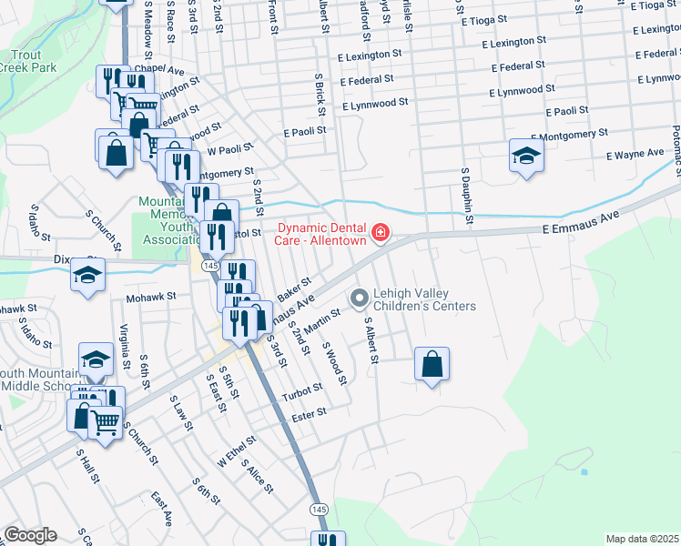 map of restaurants, bars, coffee shops, grocery stores, and more near 1725 East Emmaus Avenue in Allentown