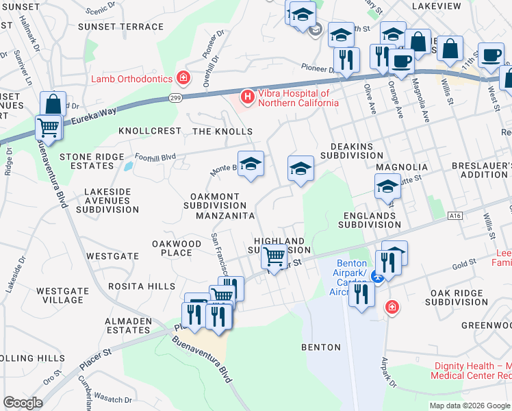map of restaurants, bars, coffee shops, grocery stores, and more near 5500 Shasta Street in Redding