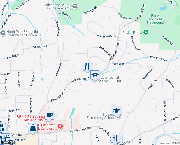 map of restaurants, bars, coffee shops, grocery stores, and more near 9565 Babcock Boulevard in McCandless