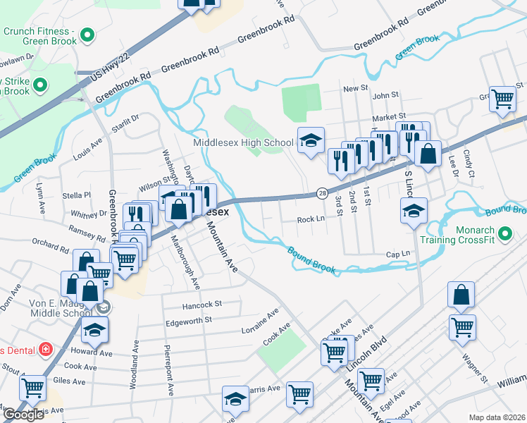 map of restaurants, bars, coffee shops, grocery stores, and more near 748 Bound Brook Road in Middlesex