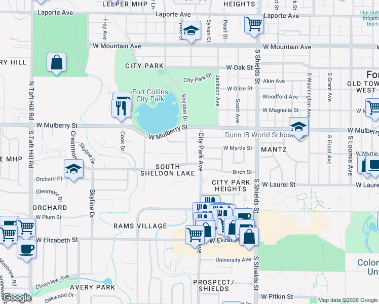 map of restaurants, bars, coffee shops, grocery stores, and more near 611 Sheldon Drive in Fort Collins