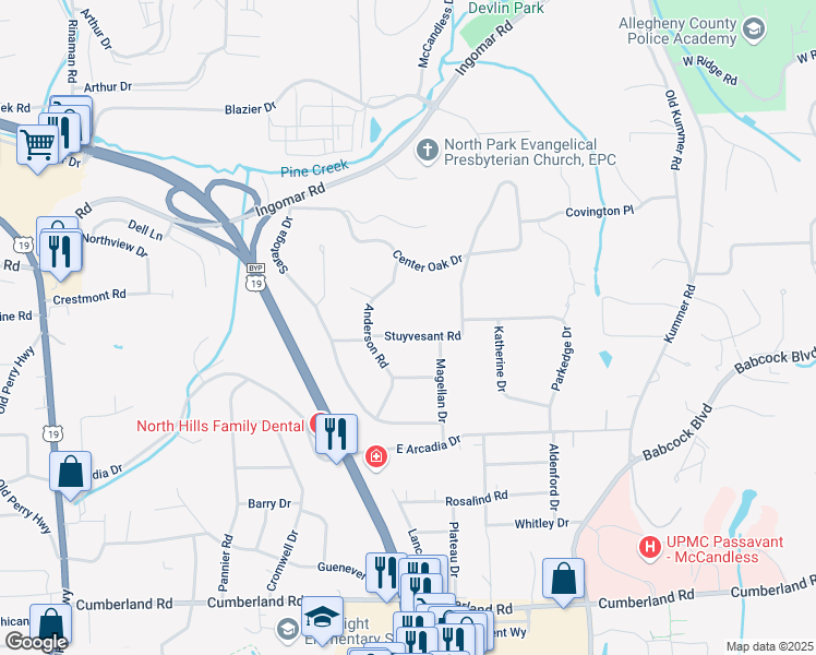 map of restaurants, bars, coffee shops, grocery stores, and more near 9620 Anderson Road in Pittsburgh