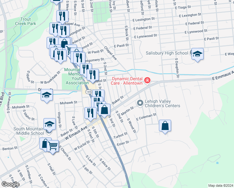 map of restaurants, bars, coffee shops, grocery stores, and more near 1906 South Wood Street in Allentown