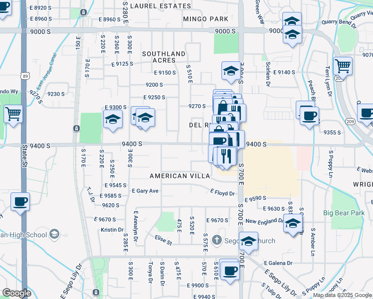 map of restaurants, bars, coffee shops, grocery stores, and more near 9387 South 475 East in Sandy