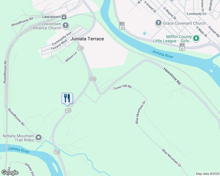 map of restaurants, bars, coffee shops, grocery stores, and more near Hawstone Road in Lewistown