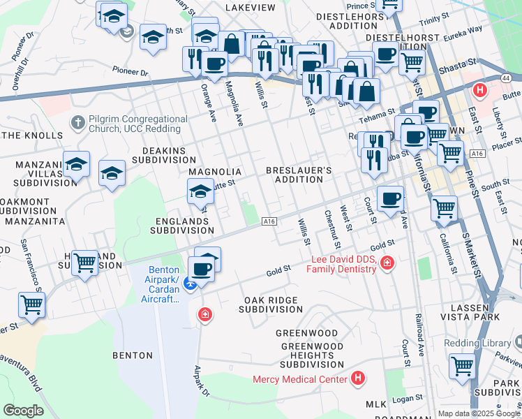 map of restaurants, bars, coffee shops, grocery stores, and more near 1644 Magnolia Avenue in Redding
