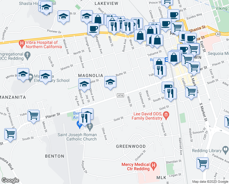 map of restaurants, bars, coffee shops, grocery stores, and more near 1637 Magnolia Avenue in Redding