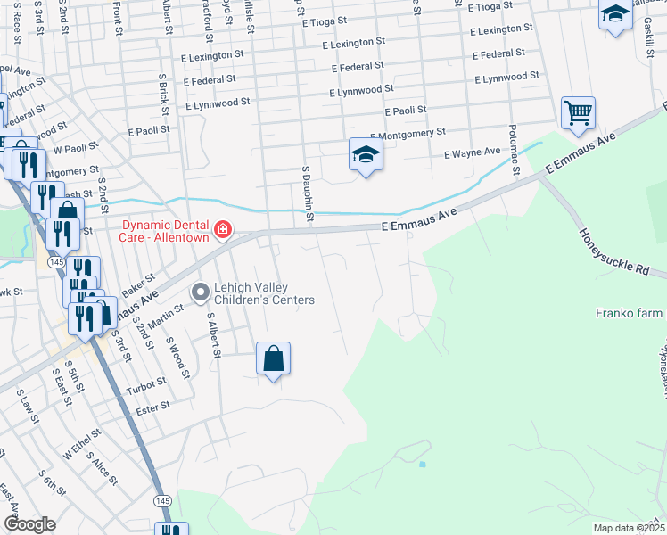map of restaurants, bars, coffee shops, grocery stores, and more near 410 Yeker Farm Lane in Allentown