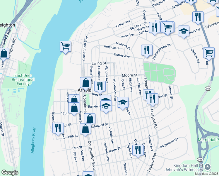 map of restaurants, bars, coffee shops, grocery stores, and more near 1927 Woodmont Avenue in New Kensington